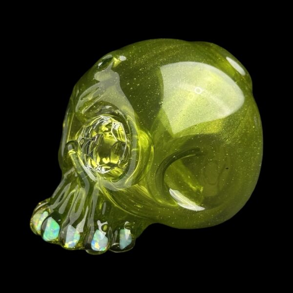 Skull Lime Green Gem Eye Stardust UV Over With Opal Teeht 6" Rig By Carsten Glass 03 Monkey Paw Mexico