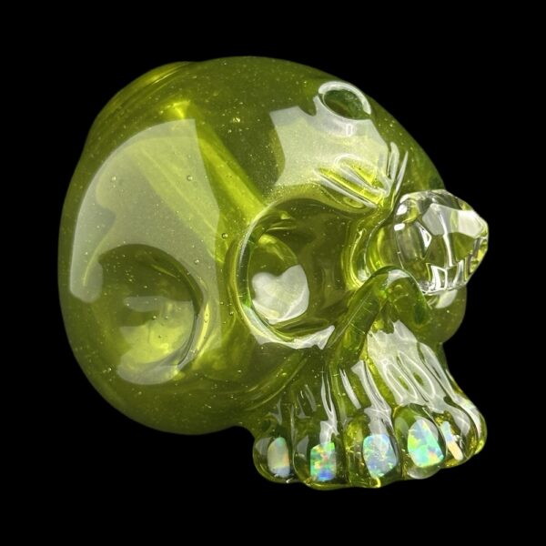 Skull Lime Green Gem Eye Stardust UV Over With Opal Teeht 6" Rig By Carsten Glass 02 Monkey Paw Mexico